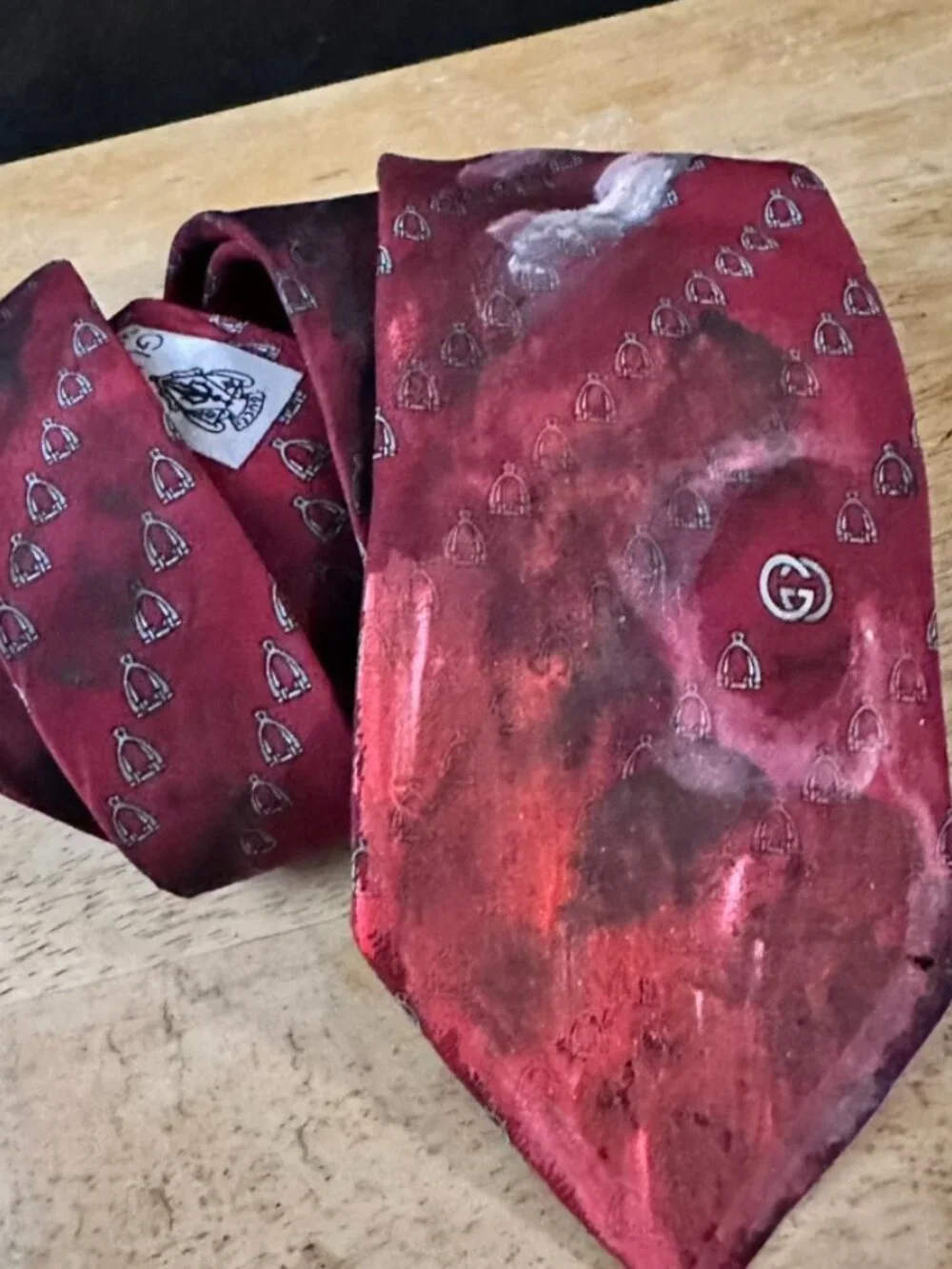 Vintage Gucci Upcyled Silk Tie Necktie Painted Maroon Handpainted
